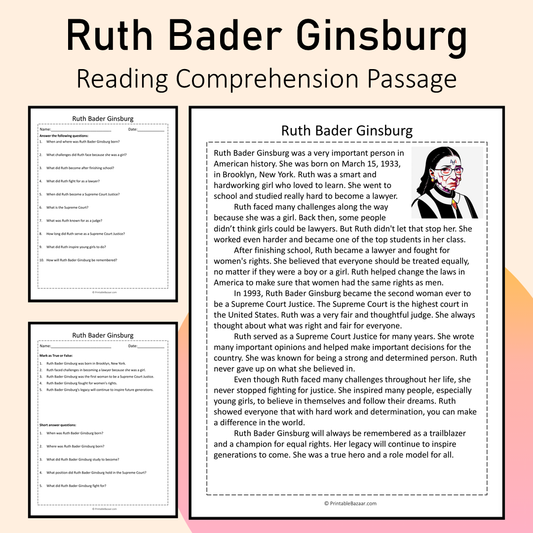 Ruth Bader Ginsburg | Reading Comprehension Passage Printable Activity