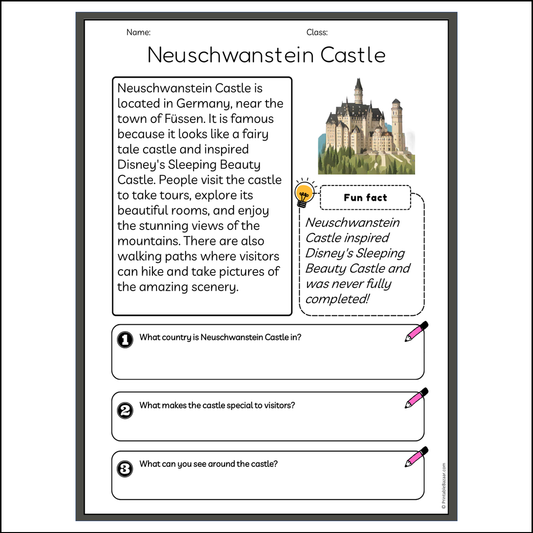 Neuschwanstein Castle | Reading Passage Comprehension Questions Writing Facts Worksheet