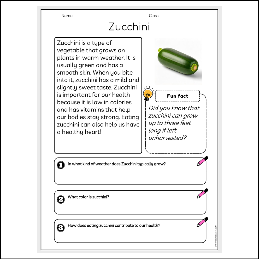 Zucchini | Reading Passage Comprehension Questions Writing Facts Worksheet