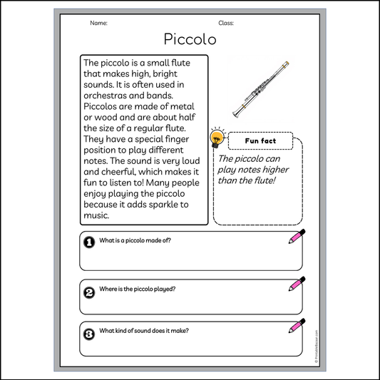 Piccolo | Reading Passage Comprehension Questions Writing Facts Worksheet