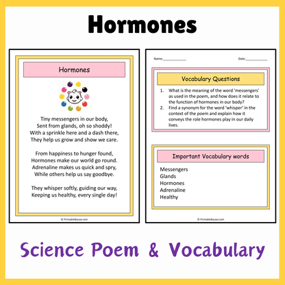 Hormones | Science Poem Reading Comprehension Activity