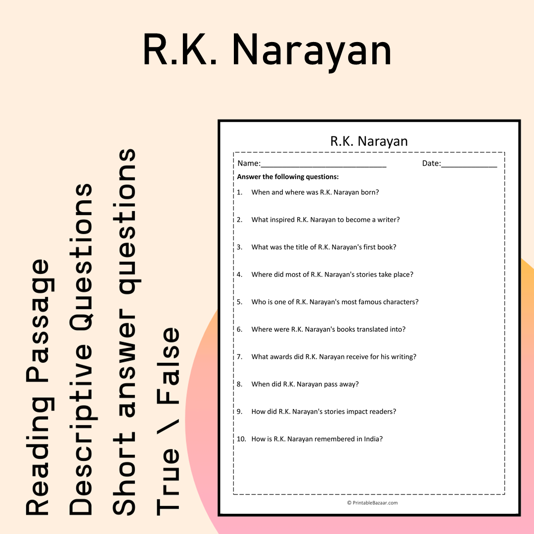 R.K. Narayan | Reading Comprehension Passage Printable Activity