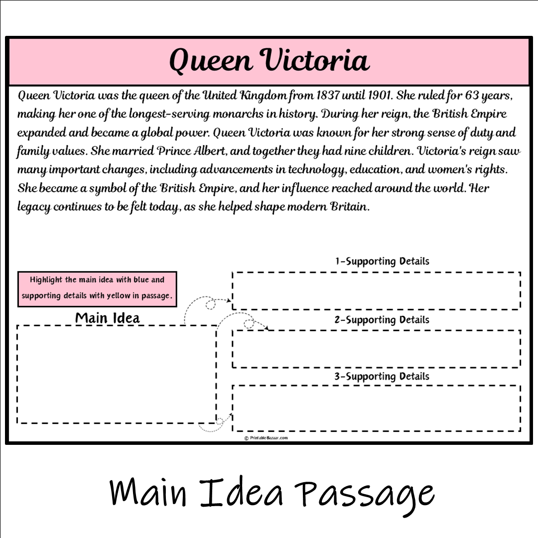 Queen Victoria | Main Idea and Supporting Details Reading Passage and Questions