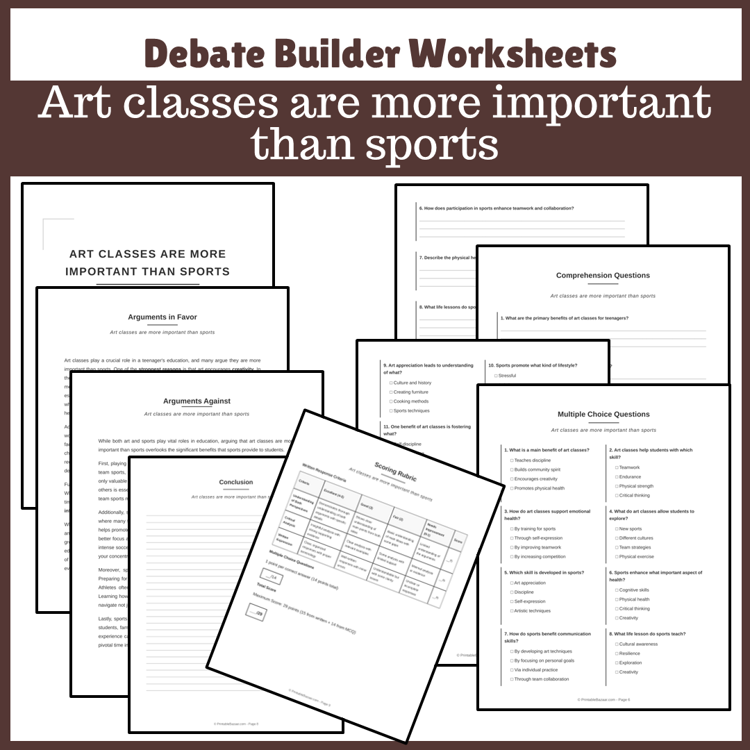 Art classes are more important than sports | Favour and Against Worksheet Printable Activity
