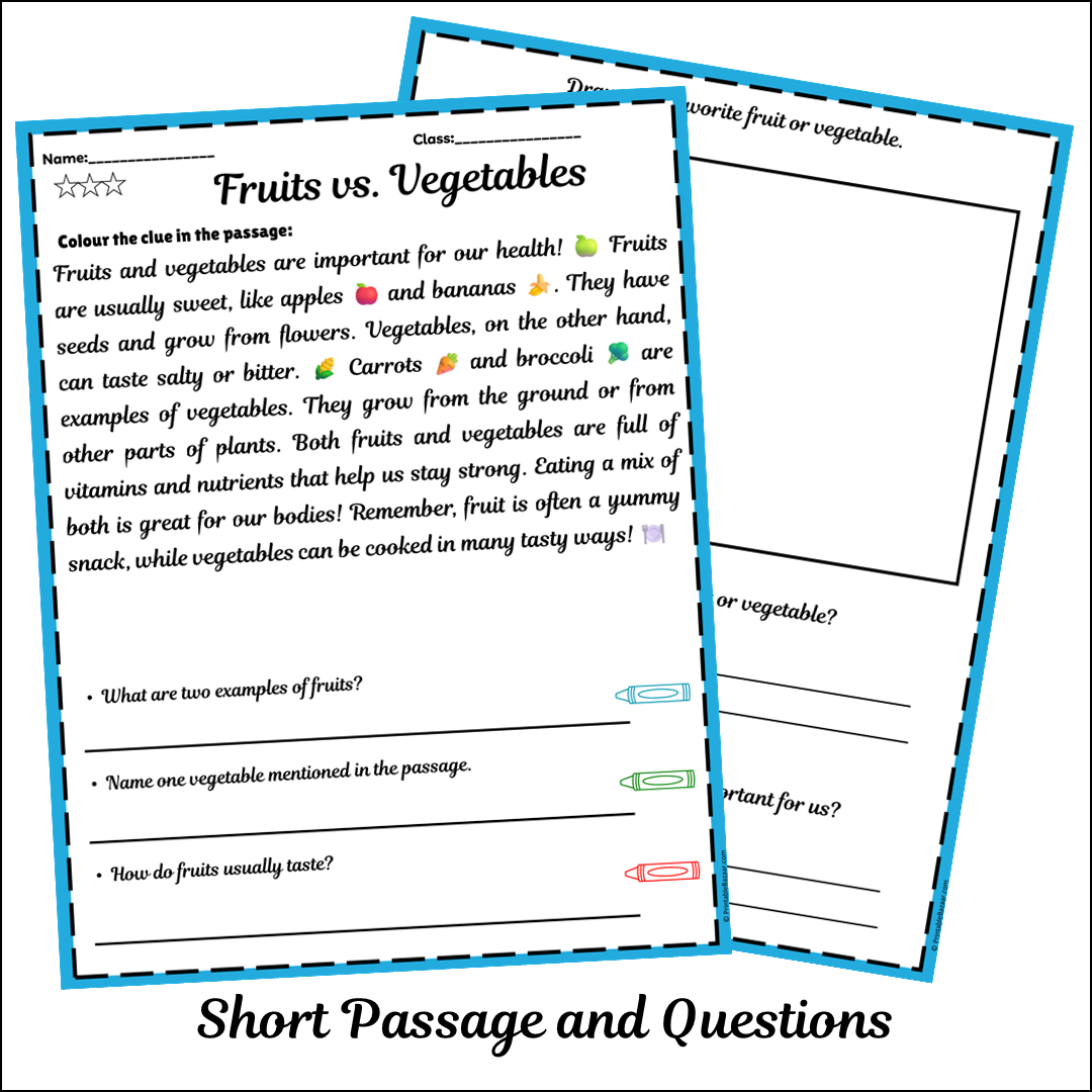 Fruits vs. Vegetables | Short Reading Comprehension Creative Worksheet