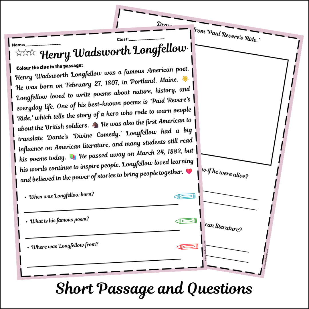 Henry Wadsworth Longfellow | Short Reading Comprehension Creative Worksheet