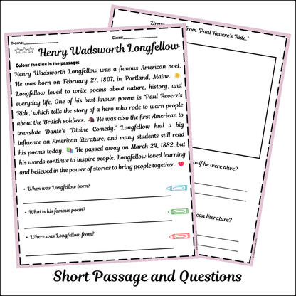 Henry Wadsworth Longfellow | Short Reading Comprehension Creative Worksheet