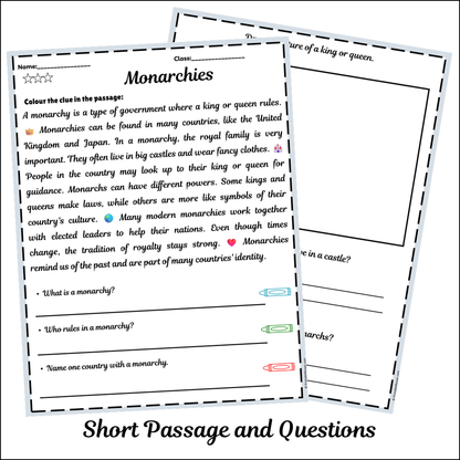 Monarchies | Short Reading Comprehension Creative Worksheet
