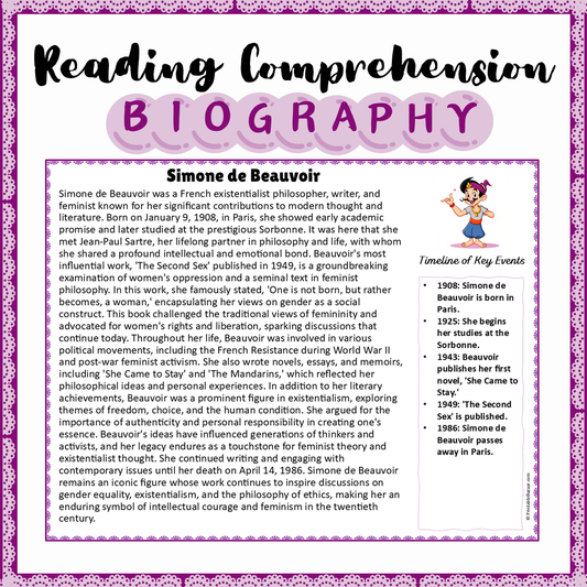 Simone de Beauvoir | Biography Reading Comprehension and Questions Worksheet