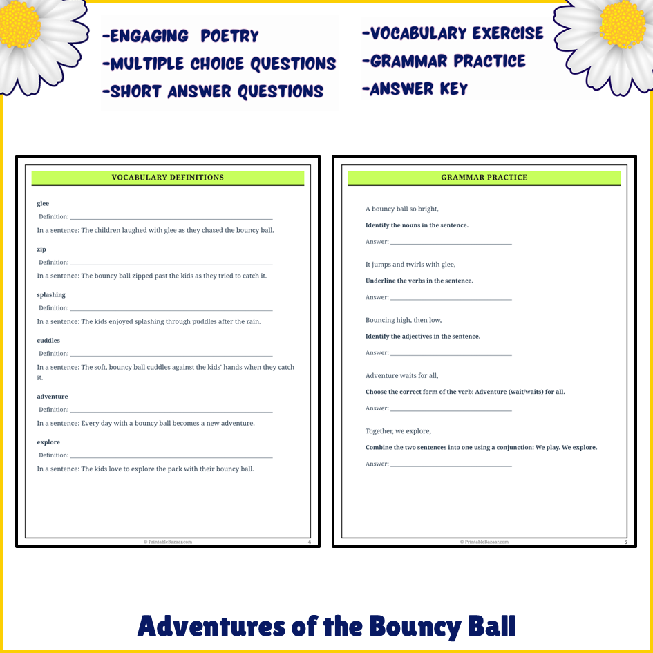 Adventures of the Bouncy Ball | Poem Grammar Worksheet Printable Activity