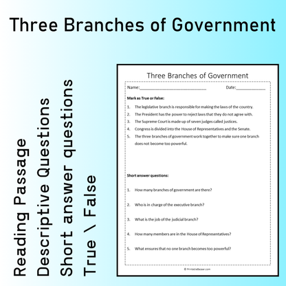Three Branches of Government | Reading Comprehension Passage Printable Worksheet
