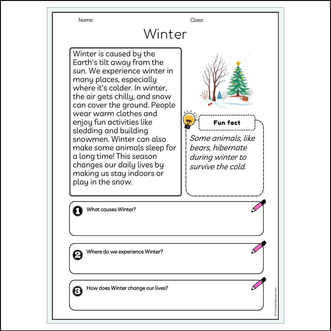 Winter | Reading Passage Comprehension Questions Writing Facts Worksheet