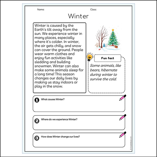 Winter | Reading Passage Comprehension Questions Writing Facts Worksheet