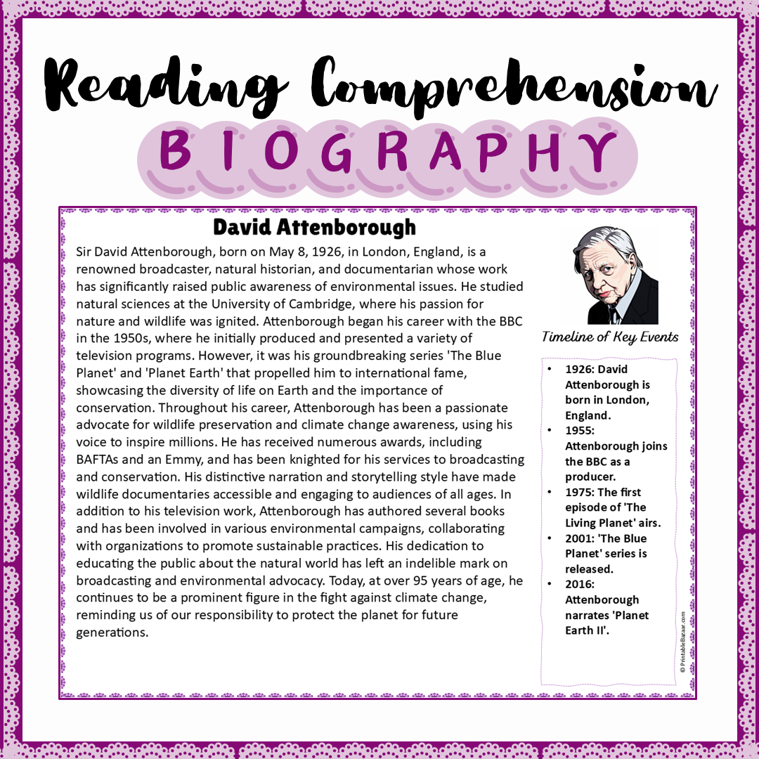 David Attenborough | Biography Reading Comprehension and Questions Worksheet