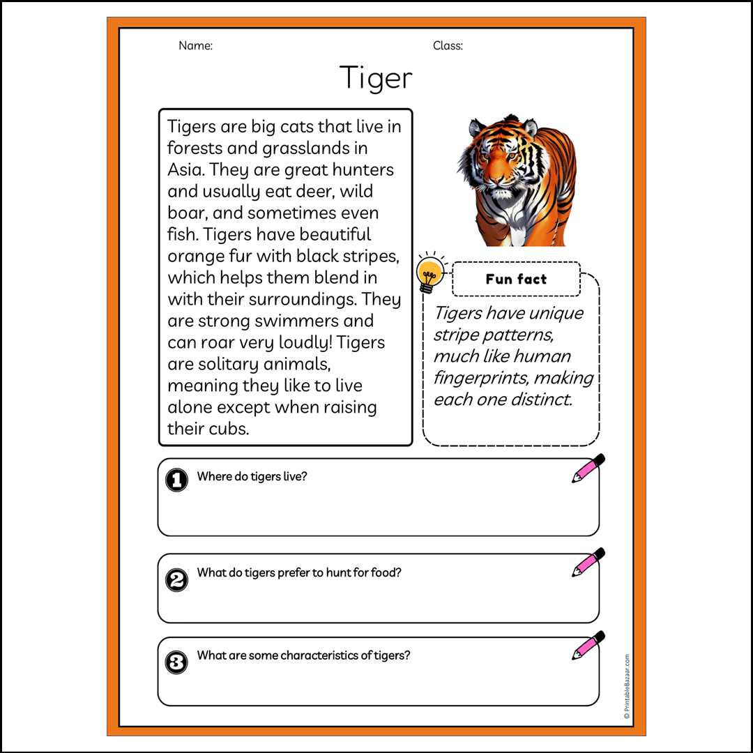 Tiger | Reading Passage Comprehension Questions Writing Facts Worksheet