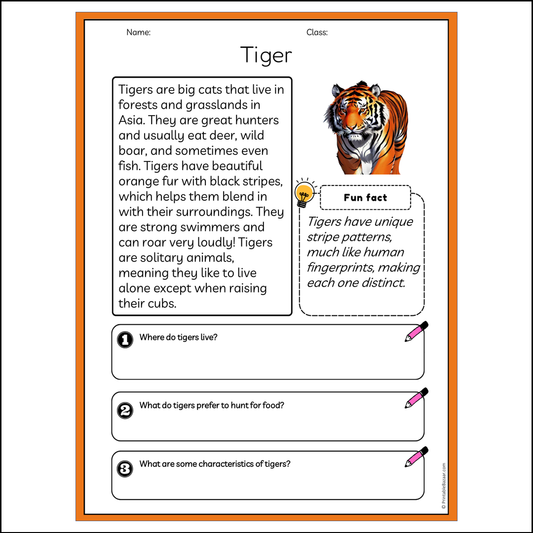 Tiger | Reading Passage Comprehension Questions Writing Facts Worksheet