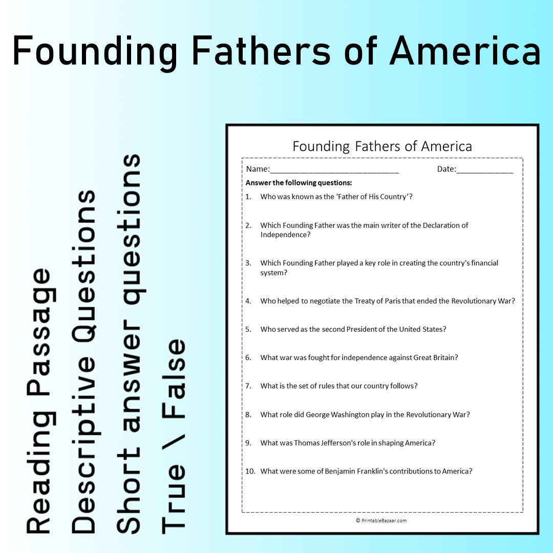 Founding Fathers of America | Reading Comprehension Passage Printable Worksheet