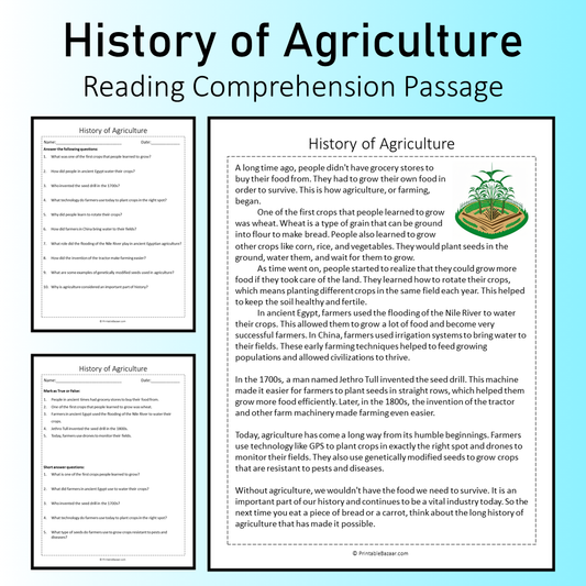 History of Agriculture | Reading Comprehension Passage Printable Worksheet