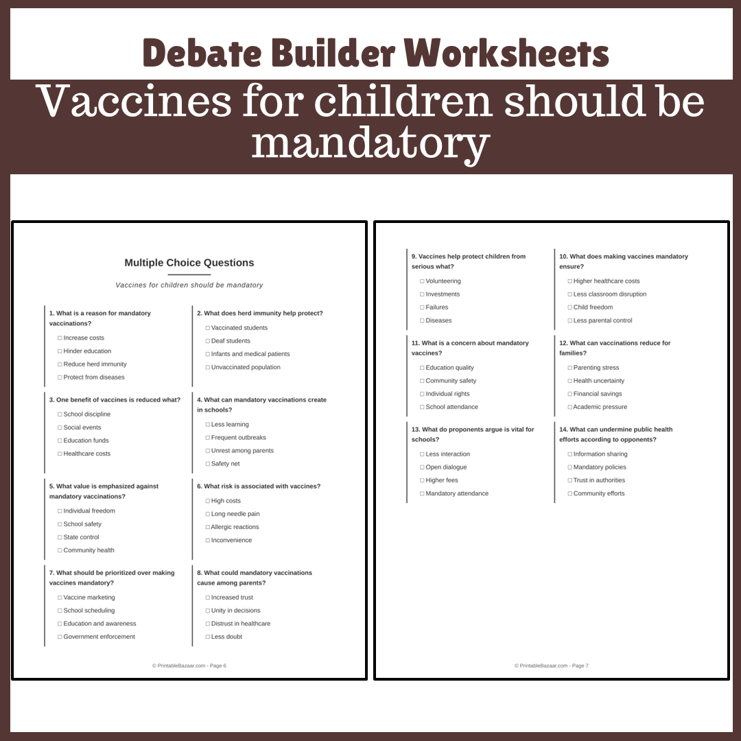 Vaccines for children should be mandatory | Favour and Against Worksheet Printable Activity