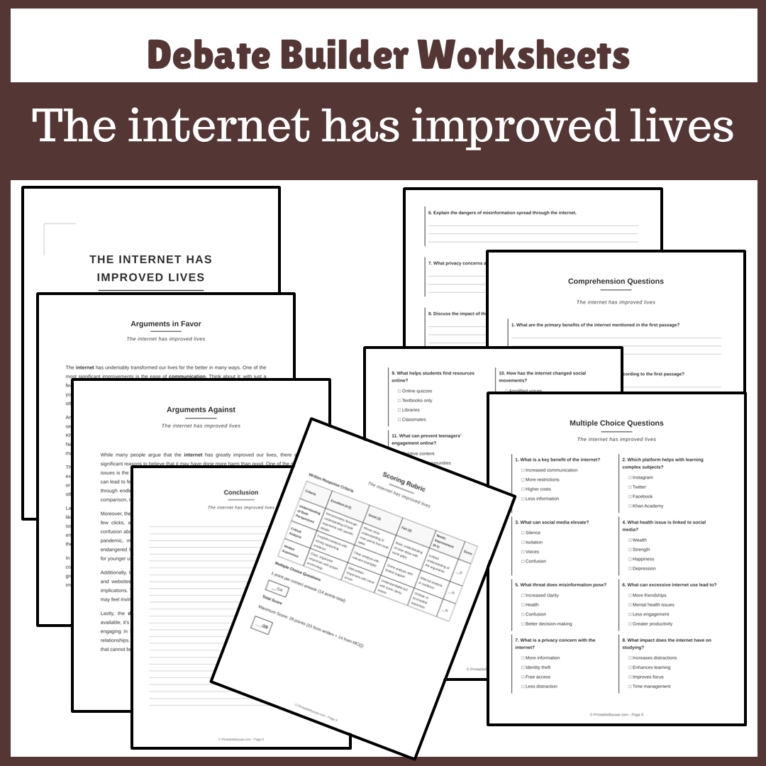 The internet has improved lives | Favour and Against Worksheet Printable Activity