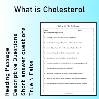 What is Cholesterol | Reading Comprehension Passage Printable Worksheet