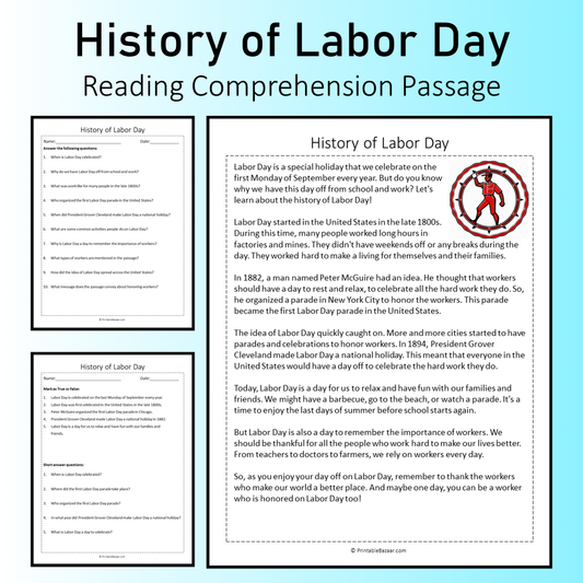 History of Labor Day | Reading Comprehension Passage Printable Worksheet