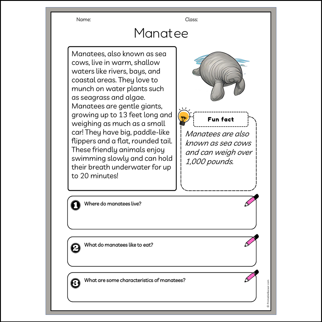 Manatee | Reading Passage Comprehension Questions Writing Facts Worksheet