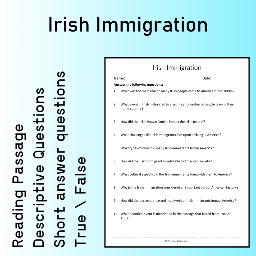 Irish Immigration | Reading Comprehension Passage Printable Worksheet