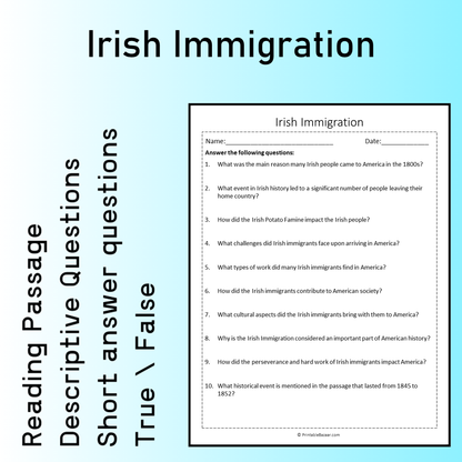 Irish Immigration | Reading Comprehension Passage Printable Worksheet