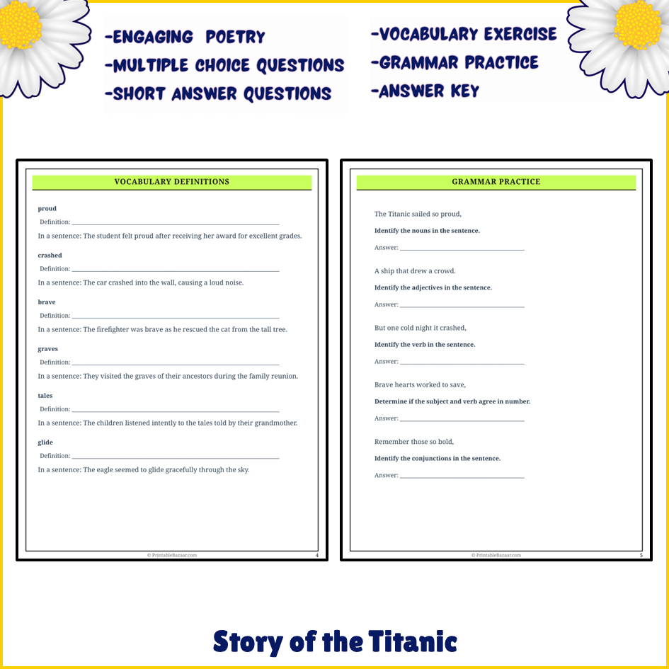 Story of the Titanic | Poem Grammar Worksheet Printable Activity