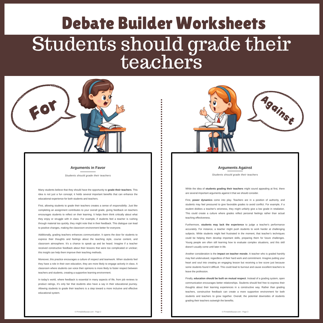 Students should grade their teachers | Favour and Against Worksheet Printable Activity