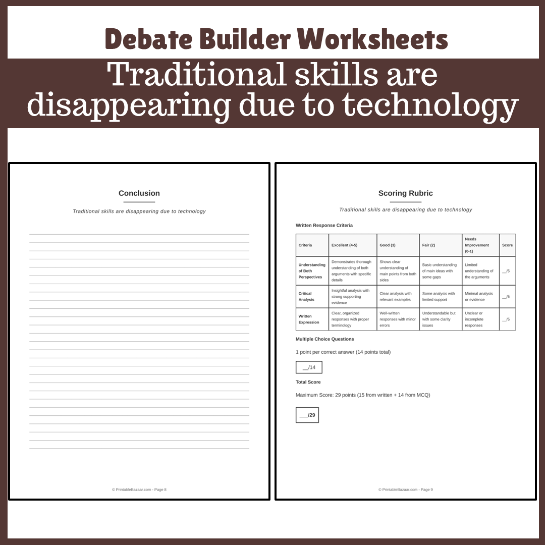 Traditional skills are disappearing due to technology | Favour and Against Worksheet Printable Activity