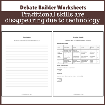 Traditional skills are disappearing due to technology | Favour and Against Worksheet Printable Activity