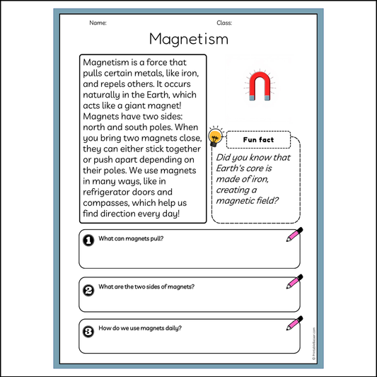 Magnetism | Reading Passage Comprehension Questions Writing Facts Worksheet