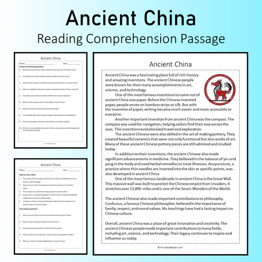 Ancient China | Reading Comprehension Passage Printable Worksheet