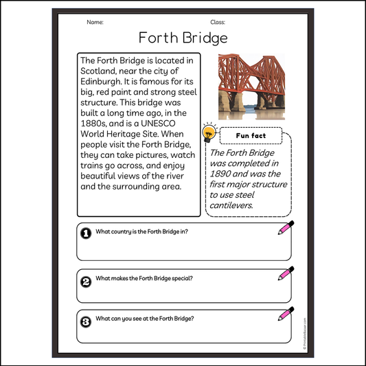 Forth Bridge | Reading Passage Comprehension Questions Writing Facts Worksheet