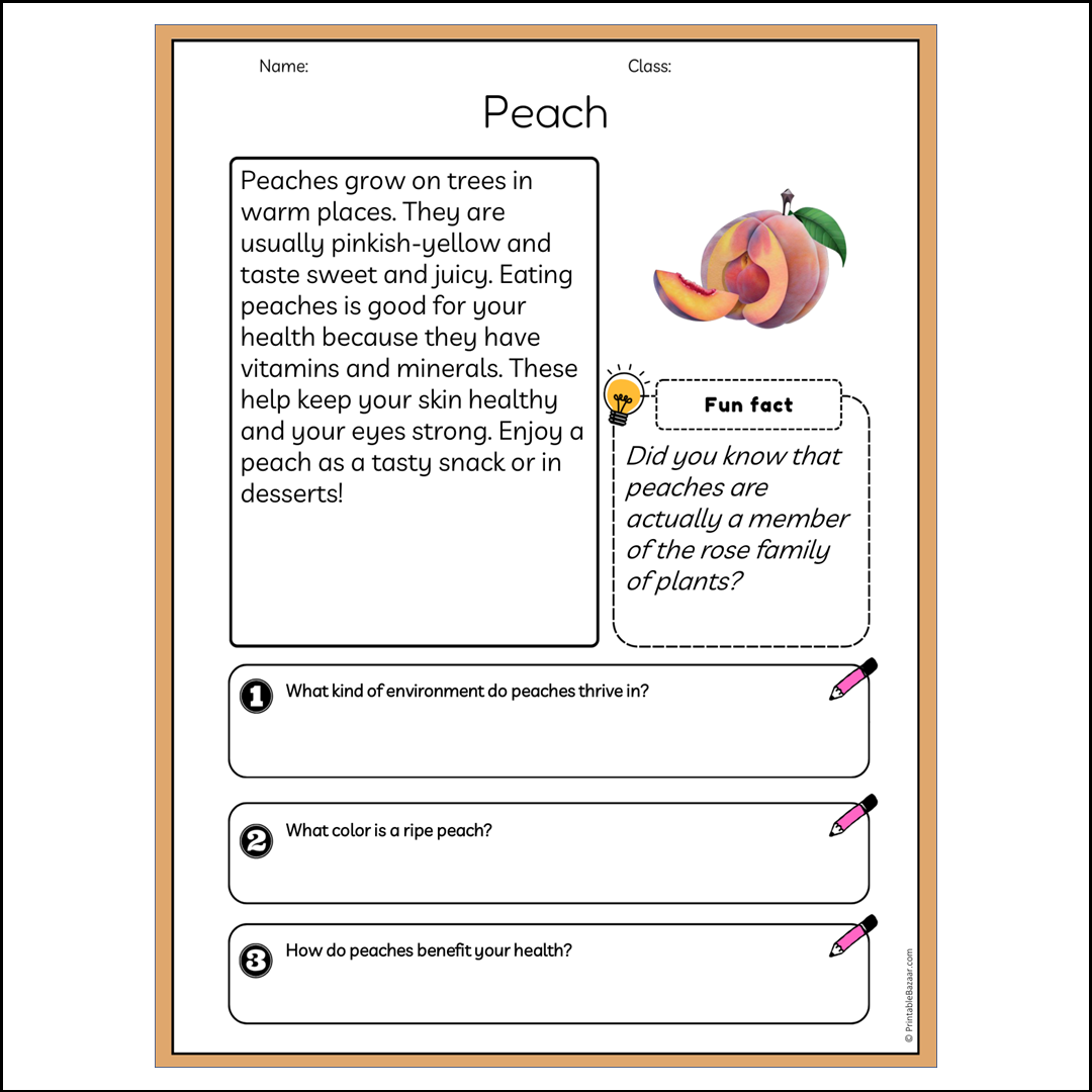 Peach | Reading Passage Comprehension Questions Writing Facts Worksheet