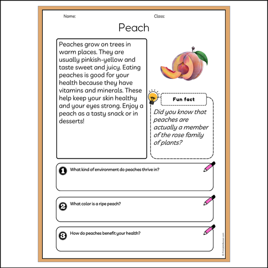 Peach | Reading Passage Comprehension Questions Writing Facts Worksheet