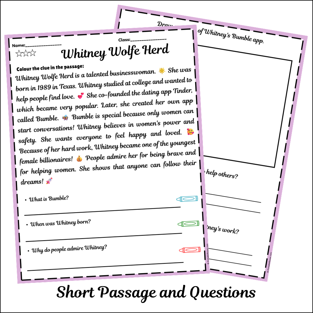 Whitney Wolfe Herd | Short Reading Comprehension Creative Worksheet