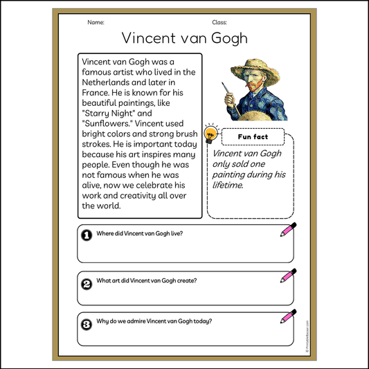 Vincent van Gogh | Reading Passage Comprehension Questions Writing Facts Worksheet