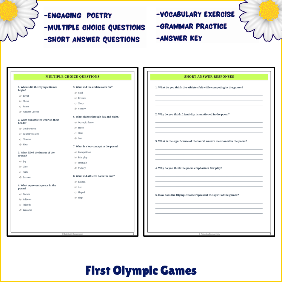 First Olympic Games | Poem Grammar Worksheet Printable Activity