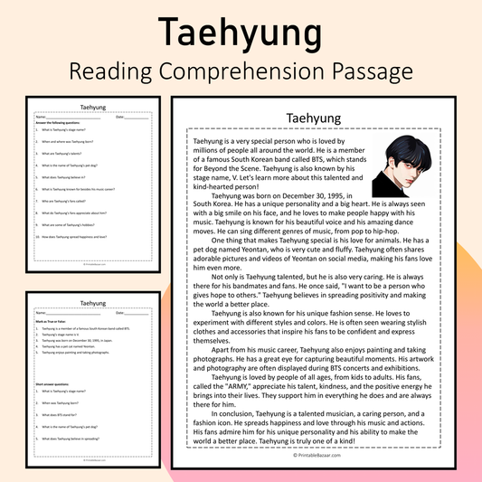 Taehyung | Reading Comprehension Passage Printable Activity