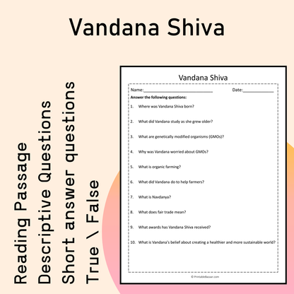 Vandana Shiva | Reading Comprehension Passage Printable Activity