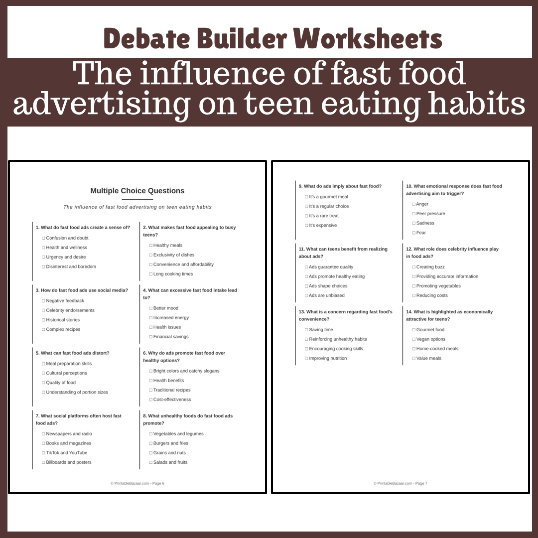 The influence of fast food advertising on teen eating habits | Favour and Against Worksheet Printable Activity