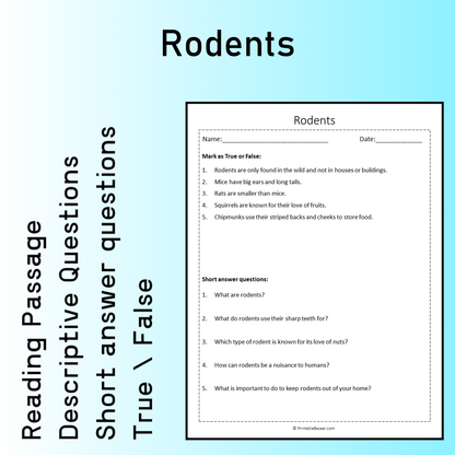 Rodents | Reading Comprehension Passage Printable Worksheet