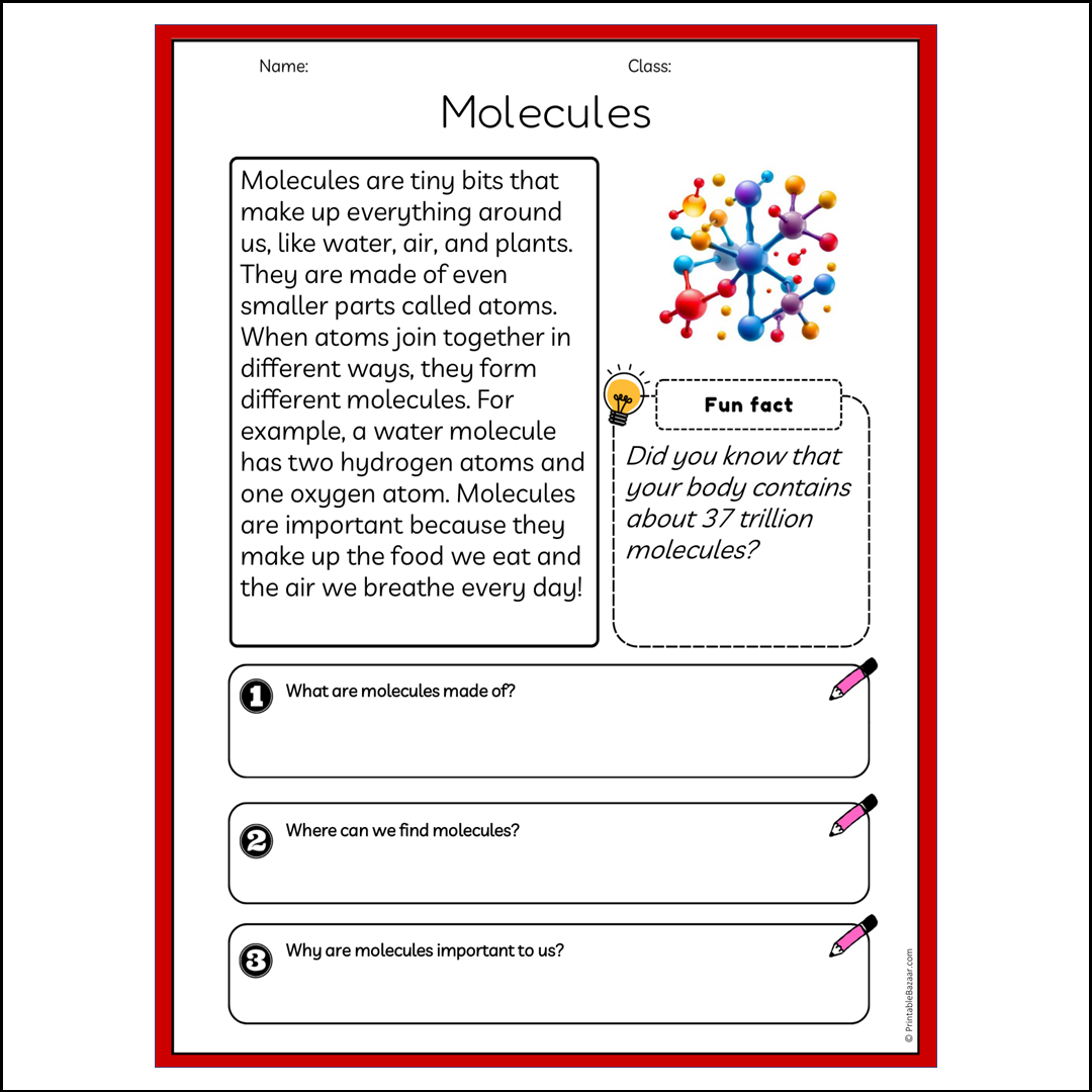 Molecules | Reading Passage Comprehension Questions Writing Facts Worksheet