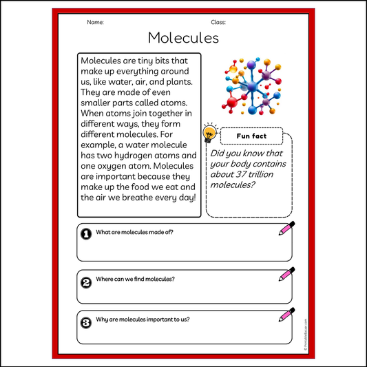 Molecules | Reading Passage Comprehension Questions Writing Facts Worksheet