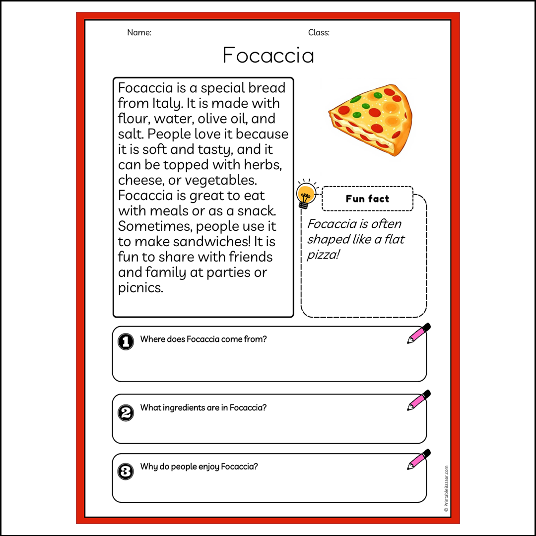 Focaccia | Reading Passage Comprehension Questions Writing Facts Worksheet