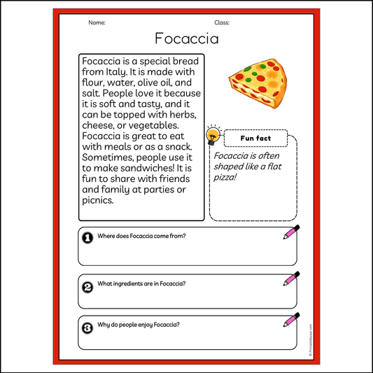 Focaccia | Reading Passage Comprehension Questions Writing Facts Worksheet