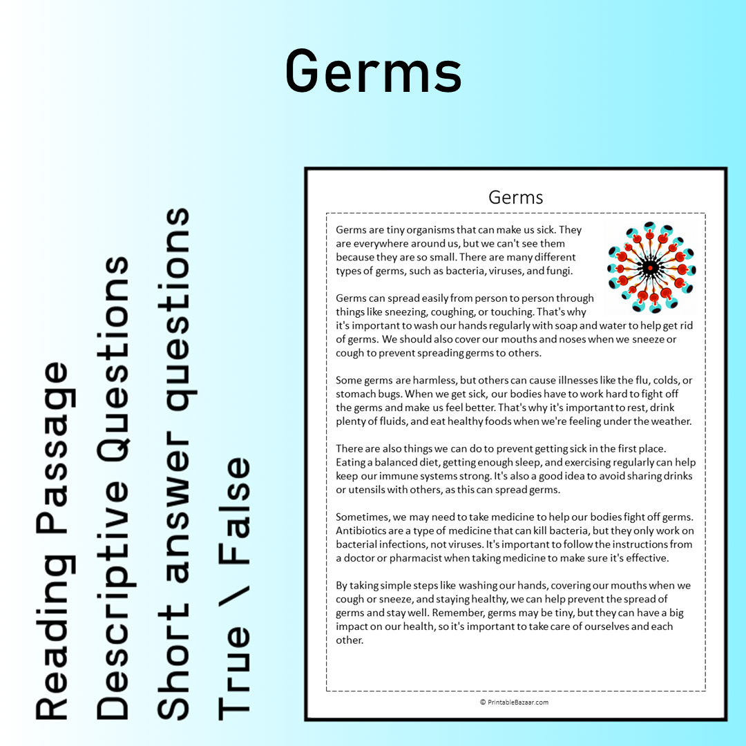 Germs | Reading Comprehension Passage Printable Worksheet